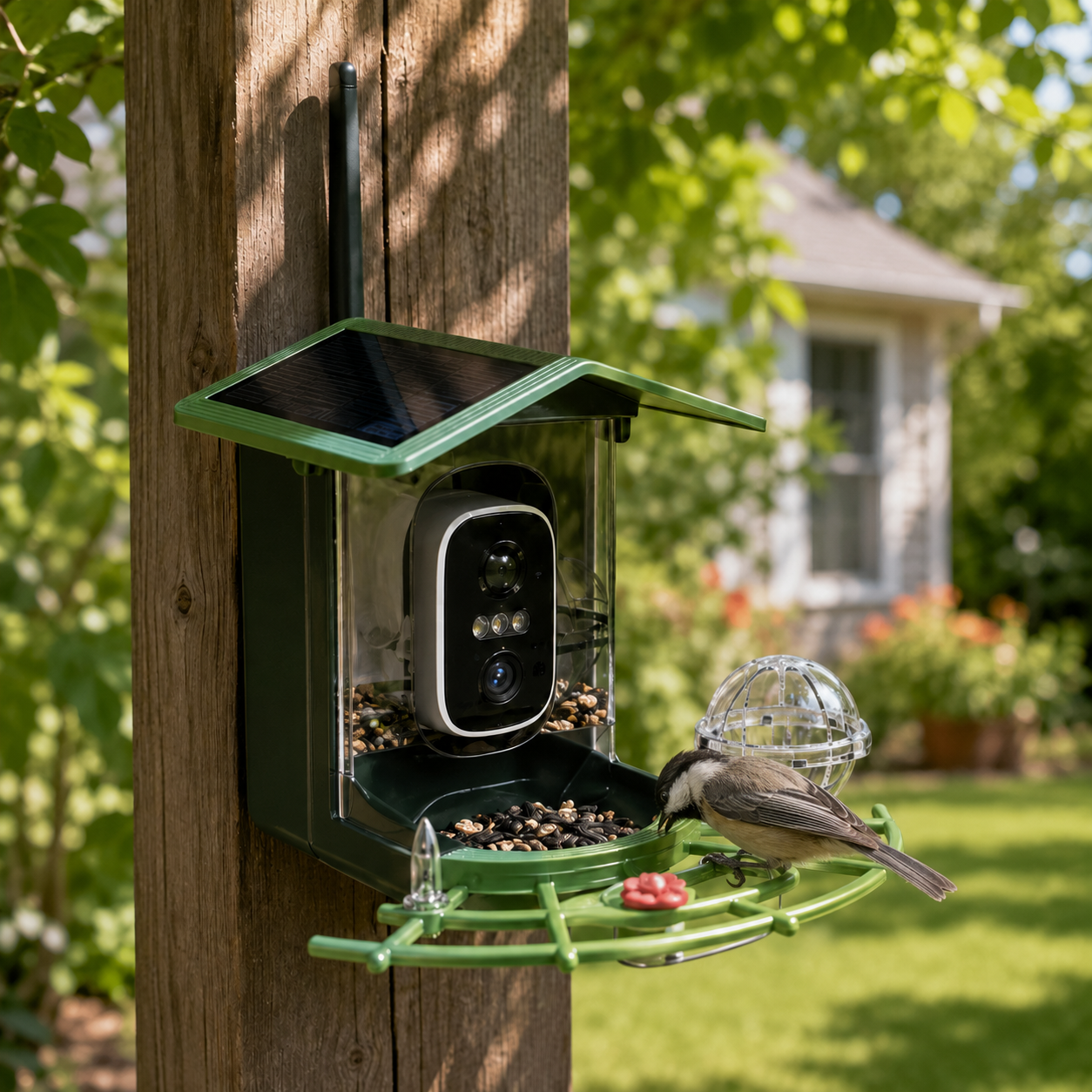 Green solar smart bird feeder camera mounted to a tree