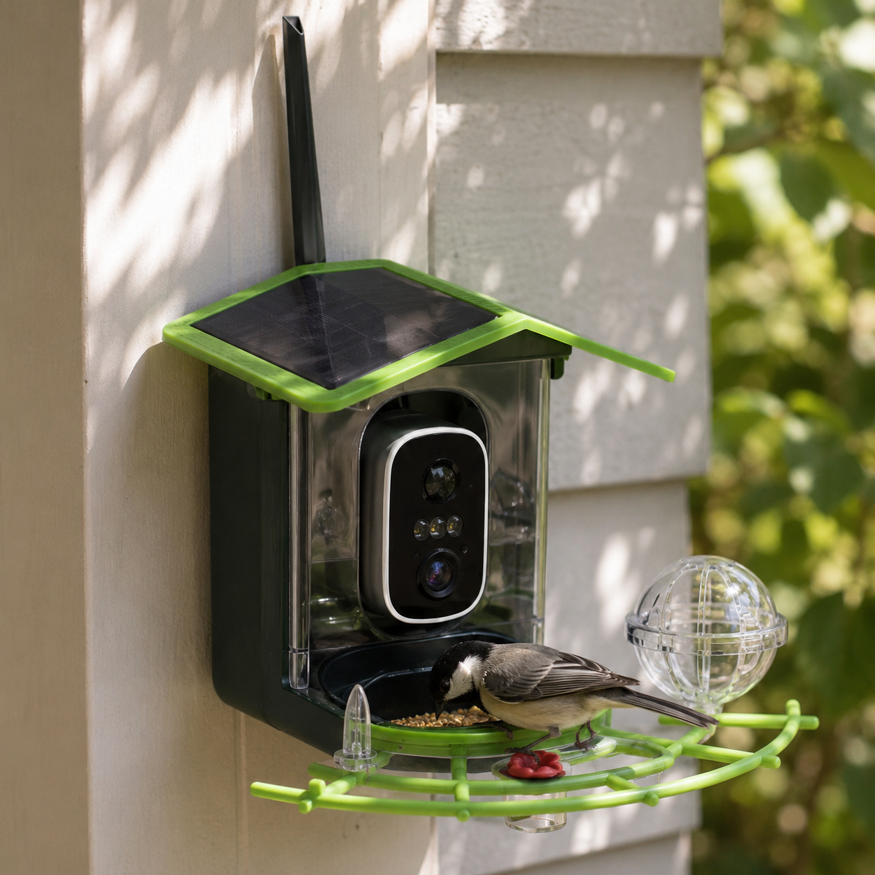 Green solar smart bird feeder camera mounted to house siding