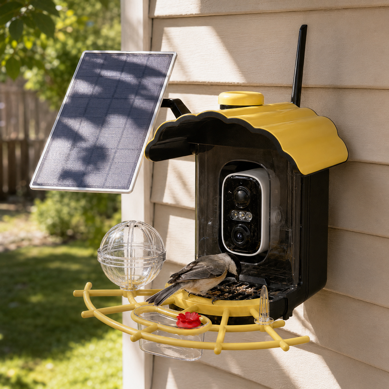 Yellow solar smart bird feeder camera mounted to house siding