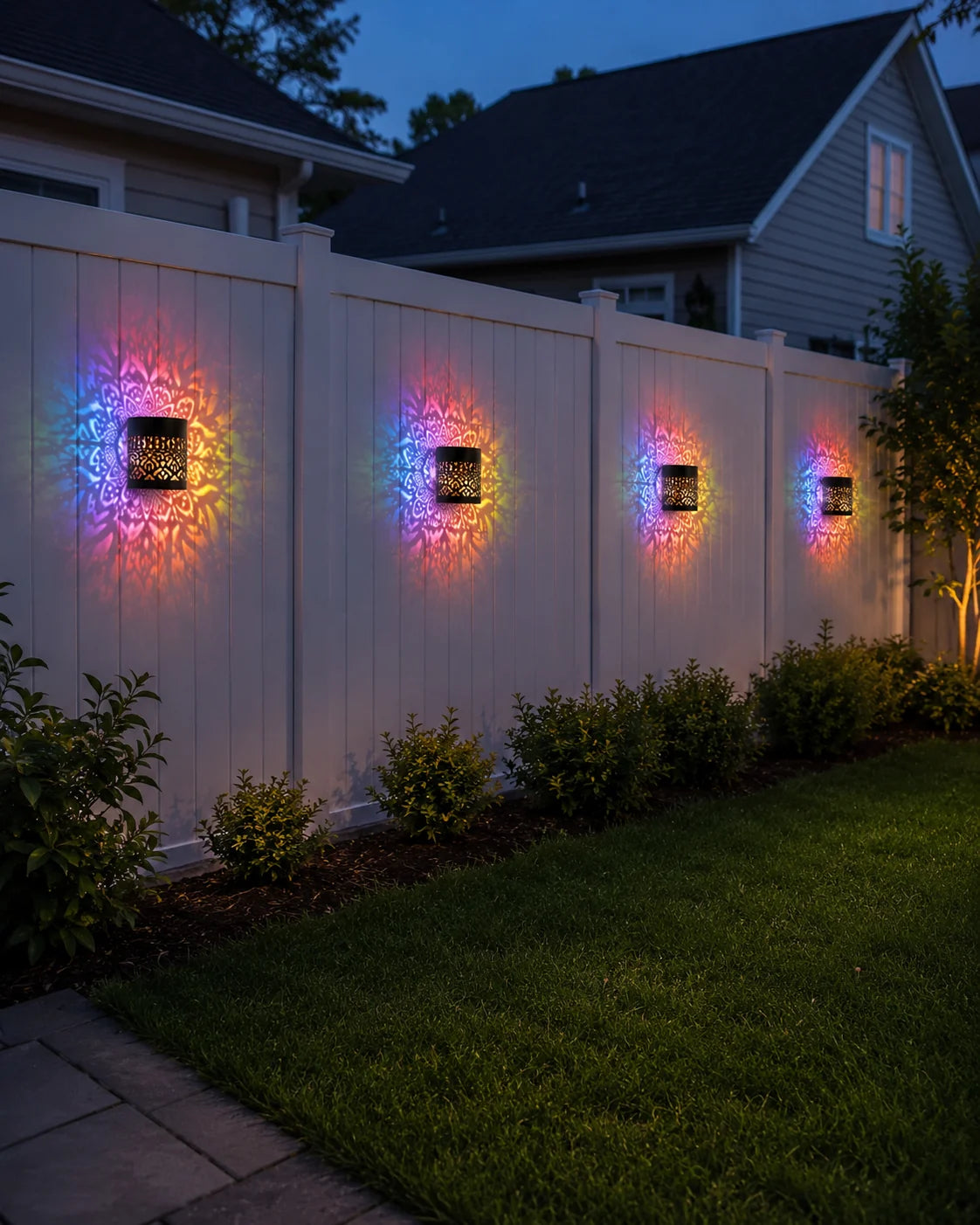 Solar mandala lights glowing on a white backyard fence