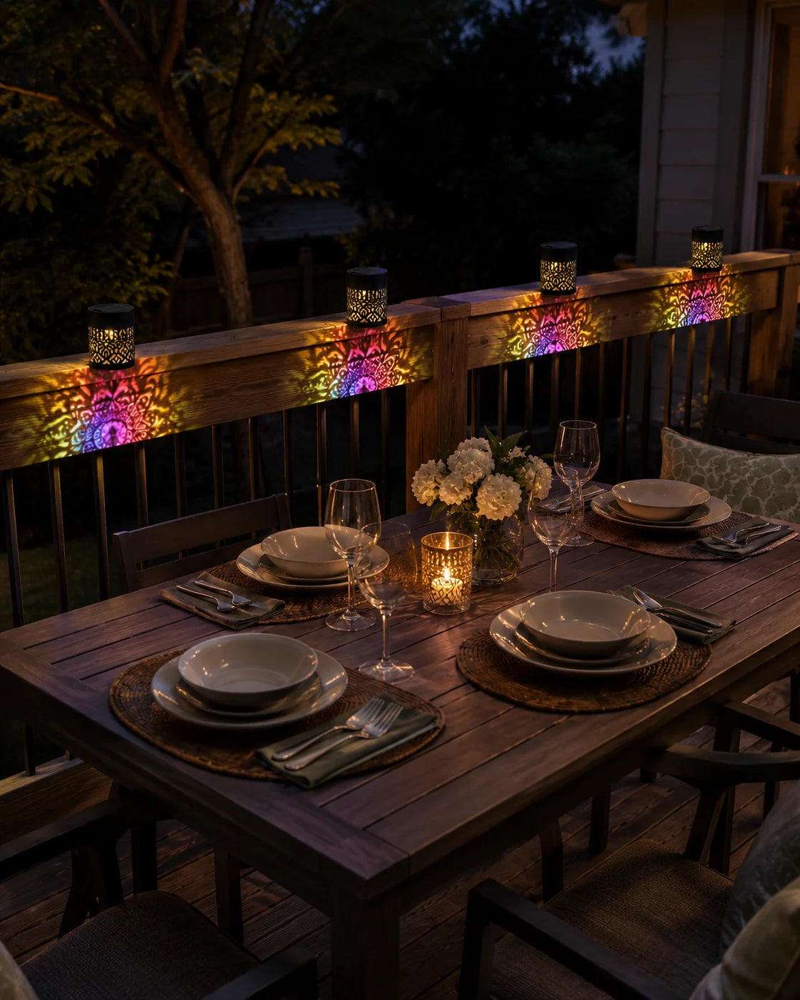 Outdoor dining deck with mandala rail lights