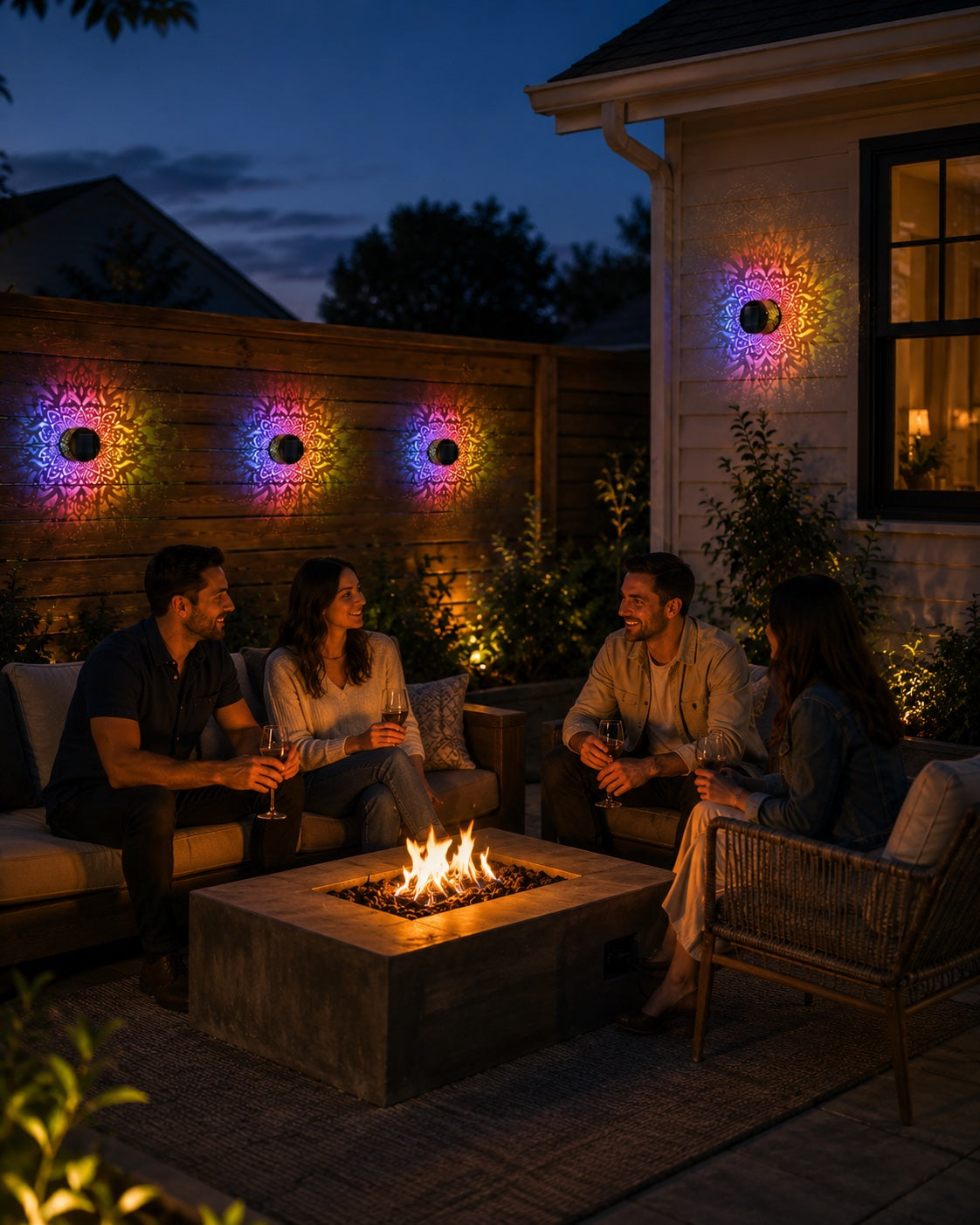 Backyard gathering with mandala lights near a fire pit