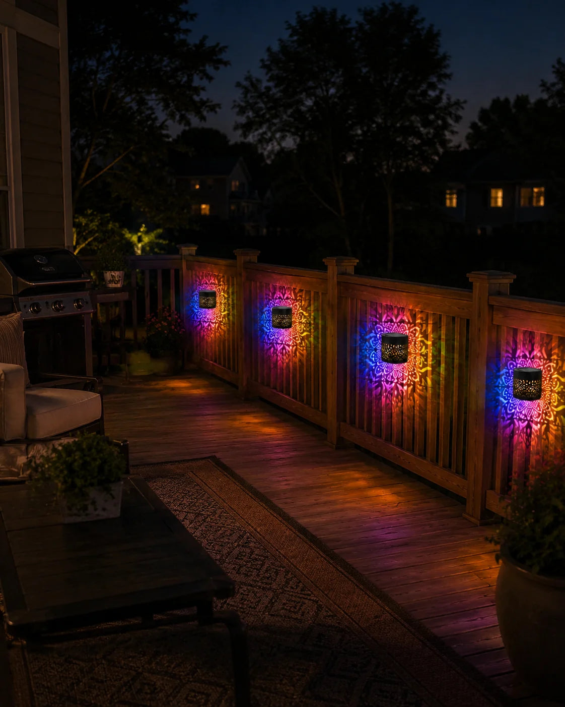 Mandala lights along a backyard deck rail