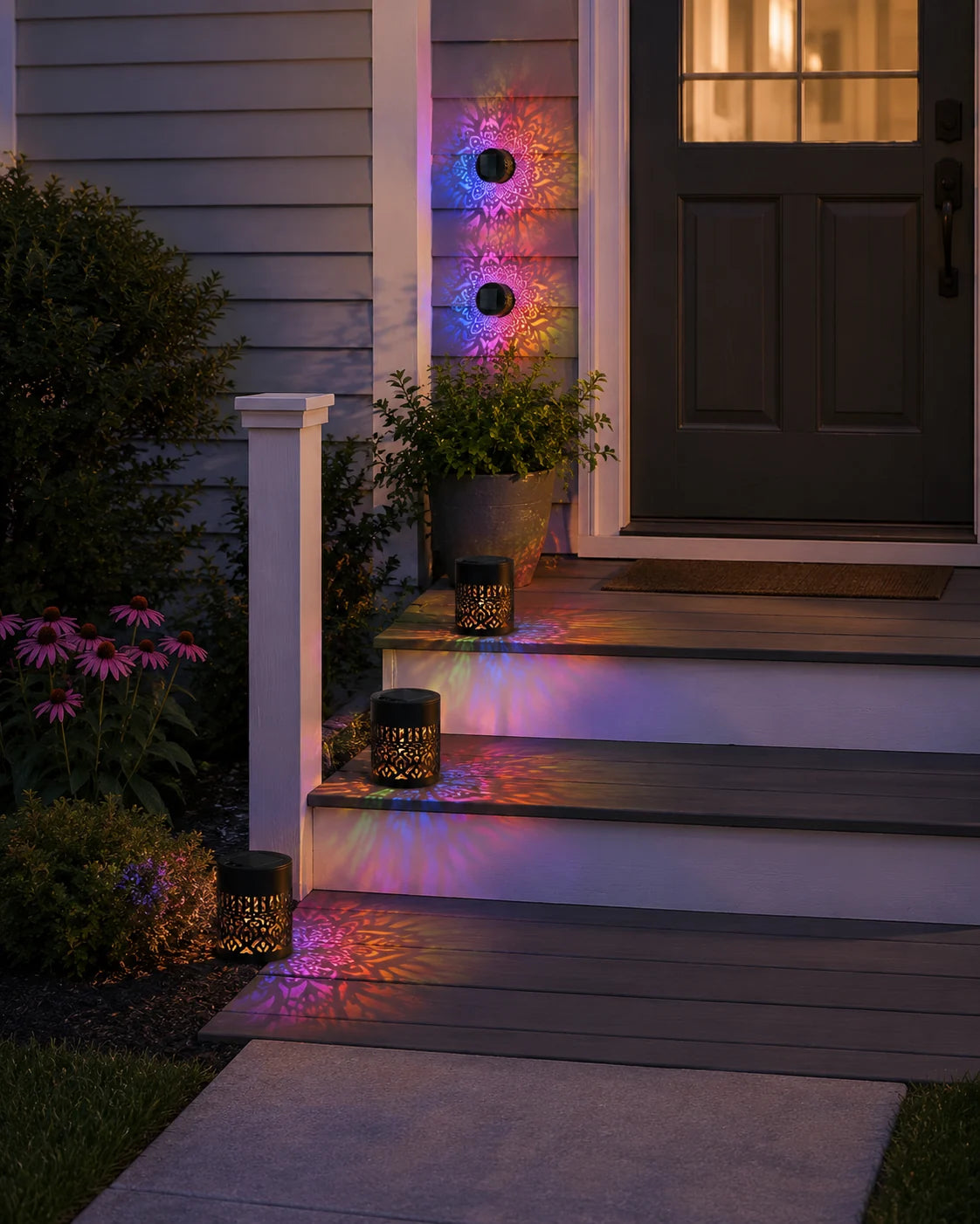 Mandala lights near front porch steps