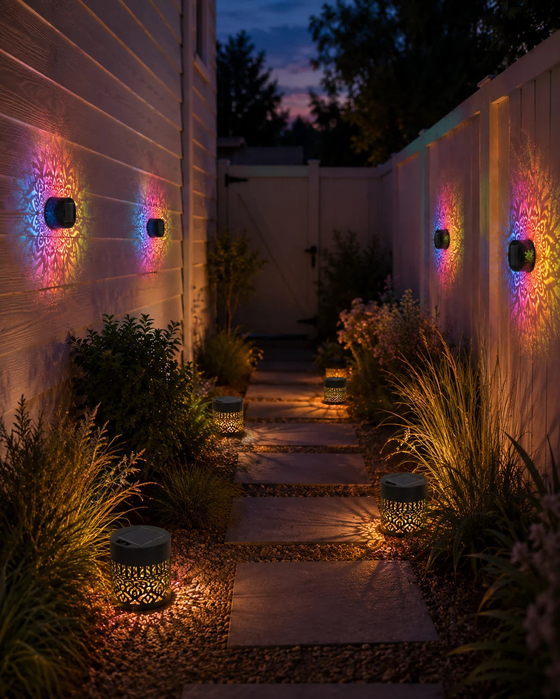 Mandala lights beside a garden path