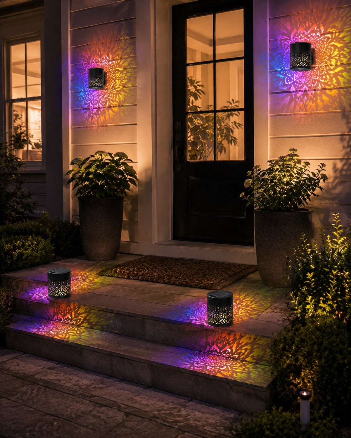 Mandala lights by a restaurant entrance